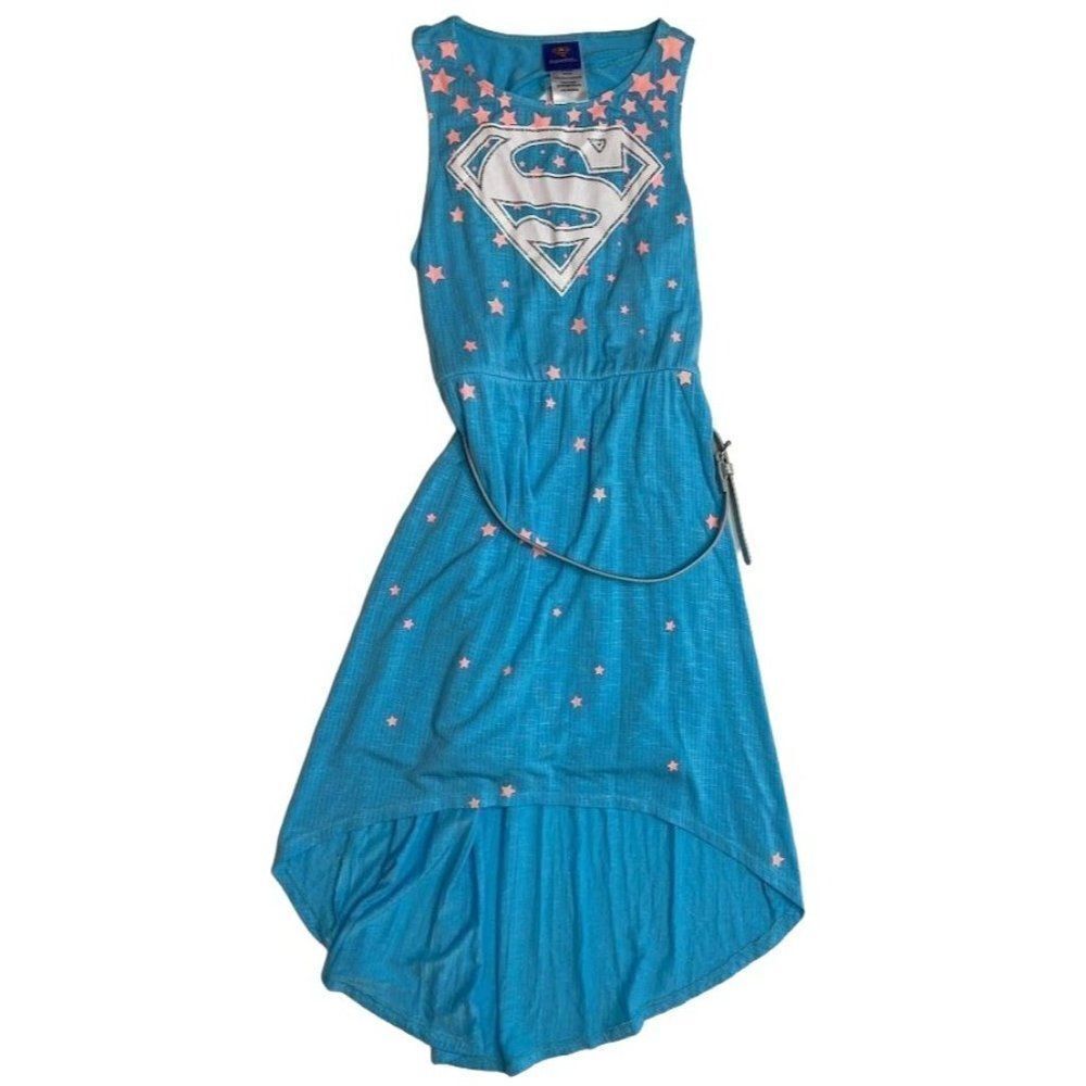 Girls Superman Blue Pink Silver Sleeveless Belted‎ High Low Dress sz Medium NEW